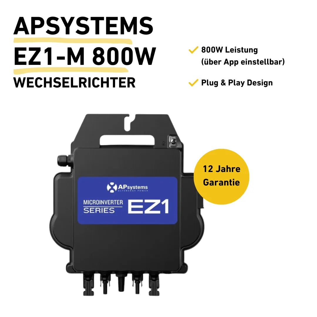 APSystems EZ1-M 800W Wechselrichter. Schwarzer Mikro-Wechselrichter mit blauer Beschriftung, geeignet für Balkonkraftwerke. Features: 800W Leistung (einstellbar per App), Plug & Play Design, 12 Jahre Garantie. 