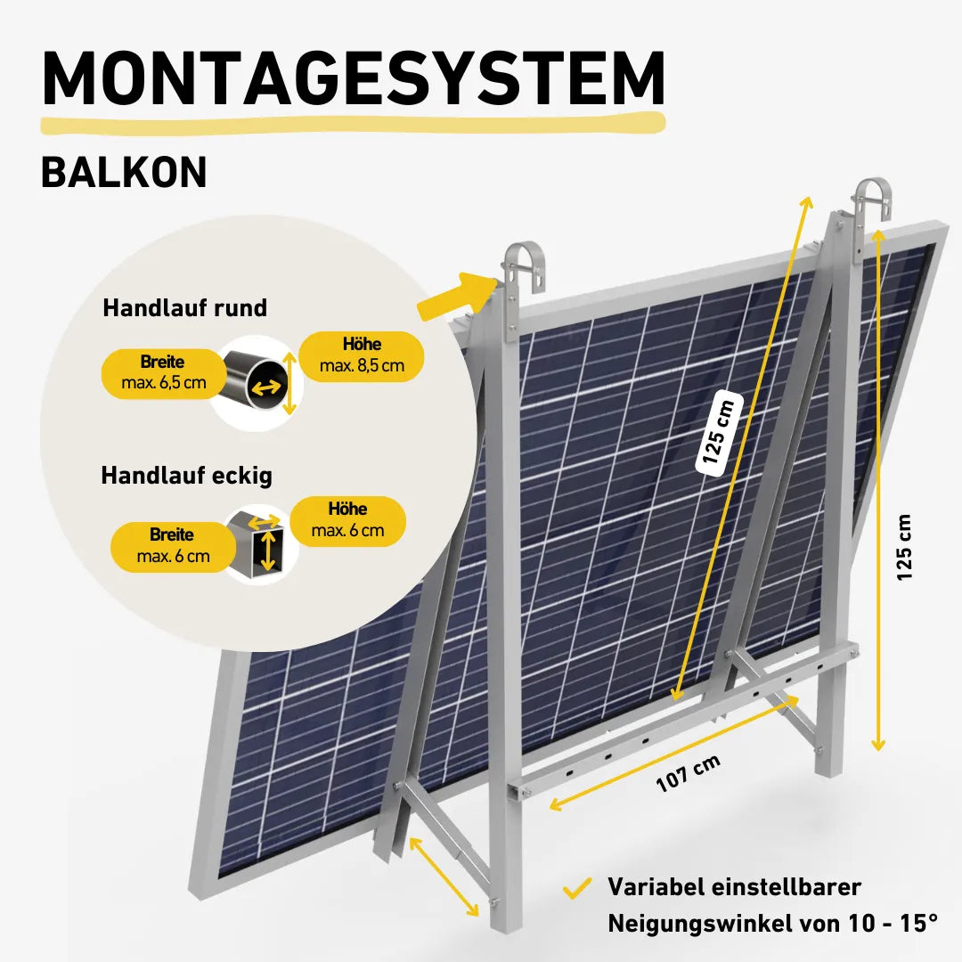 Montagesystem für Balkon-Solarmodule, höhenverstellbar (10–15° Neigung). Geeignet für runde (max. 6,5x8,5 cm) und eckige Handläufe (max. 6x6 cm). Maße: 125x107 cm.