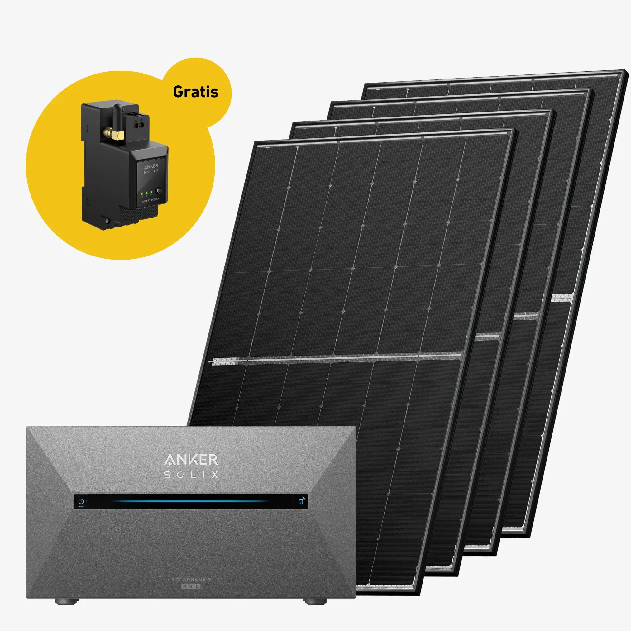 Vier Solarmodule mit Anker Solix Solarbank Pro 2