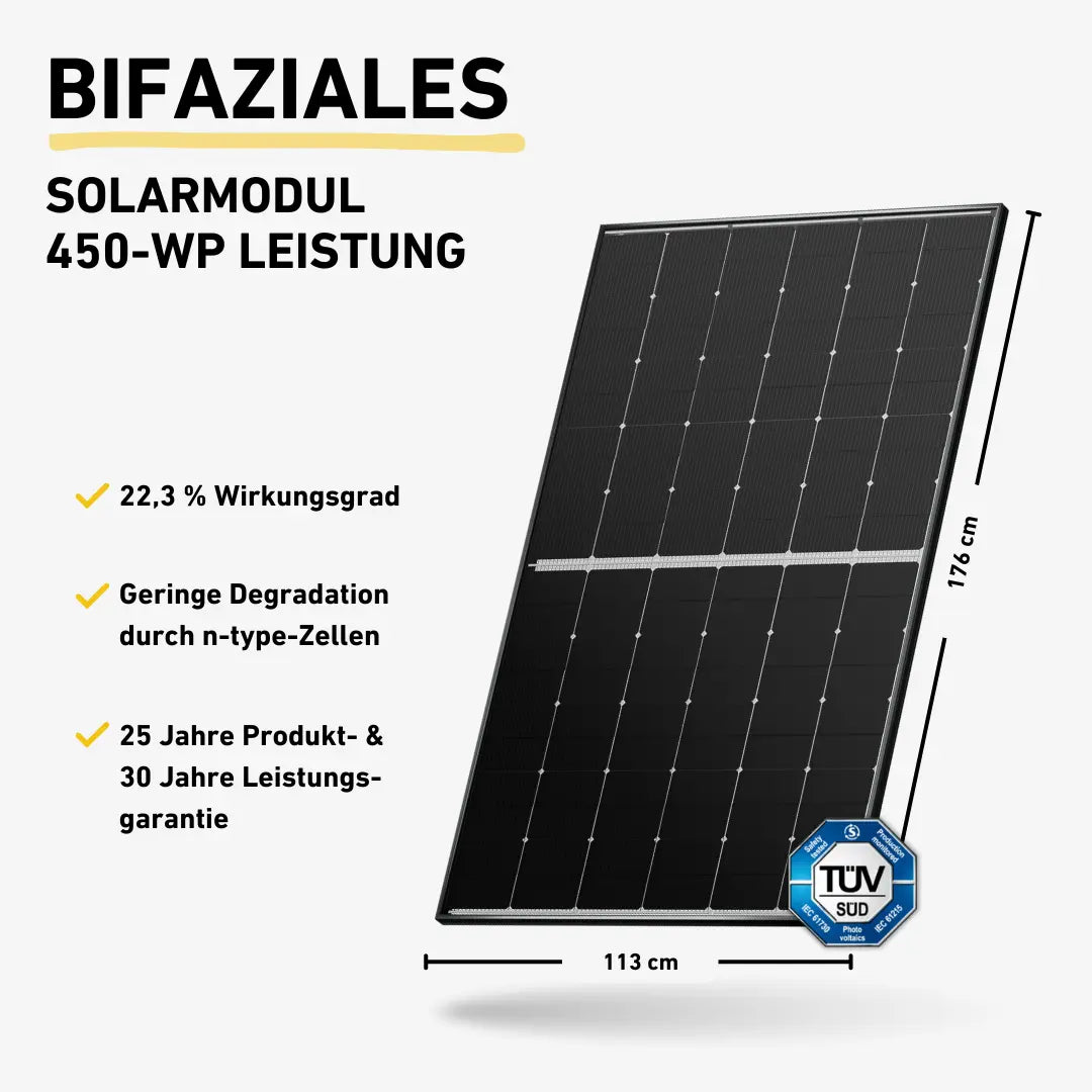 Balkonstrom Basic Bifaziales Solarmodul 450-WP Produktbild mit Produkteigenschaften