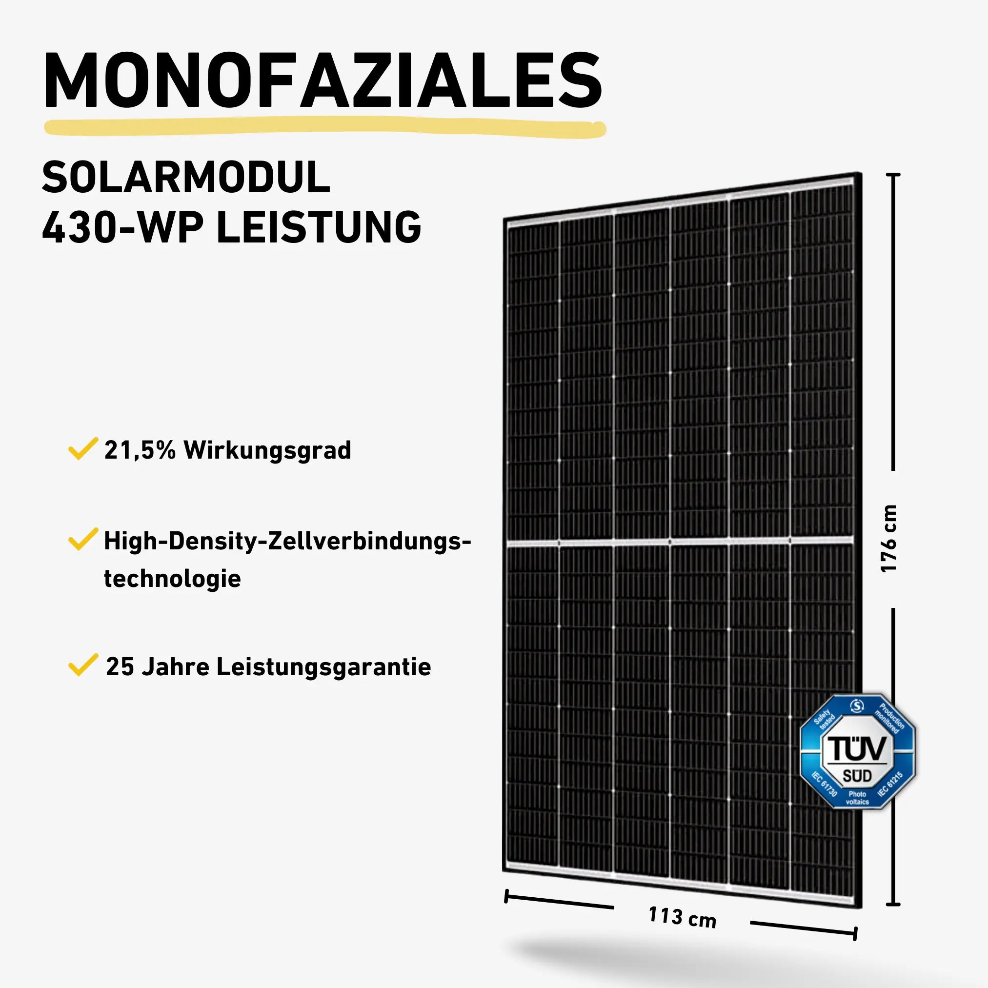 Balkonstrom Monofaziales Solarmodul 430-WP Produktbild mit weißem Hintergrund und Produkteigenschaften