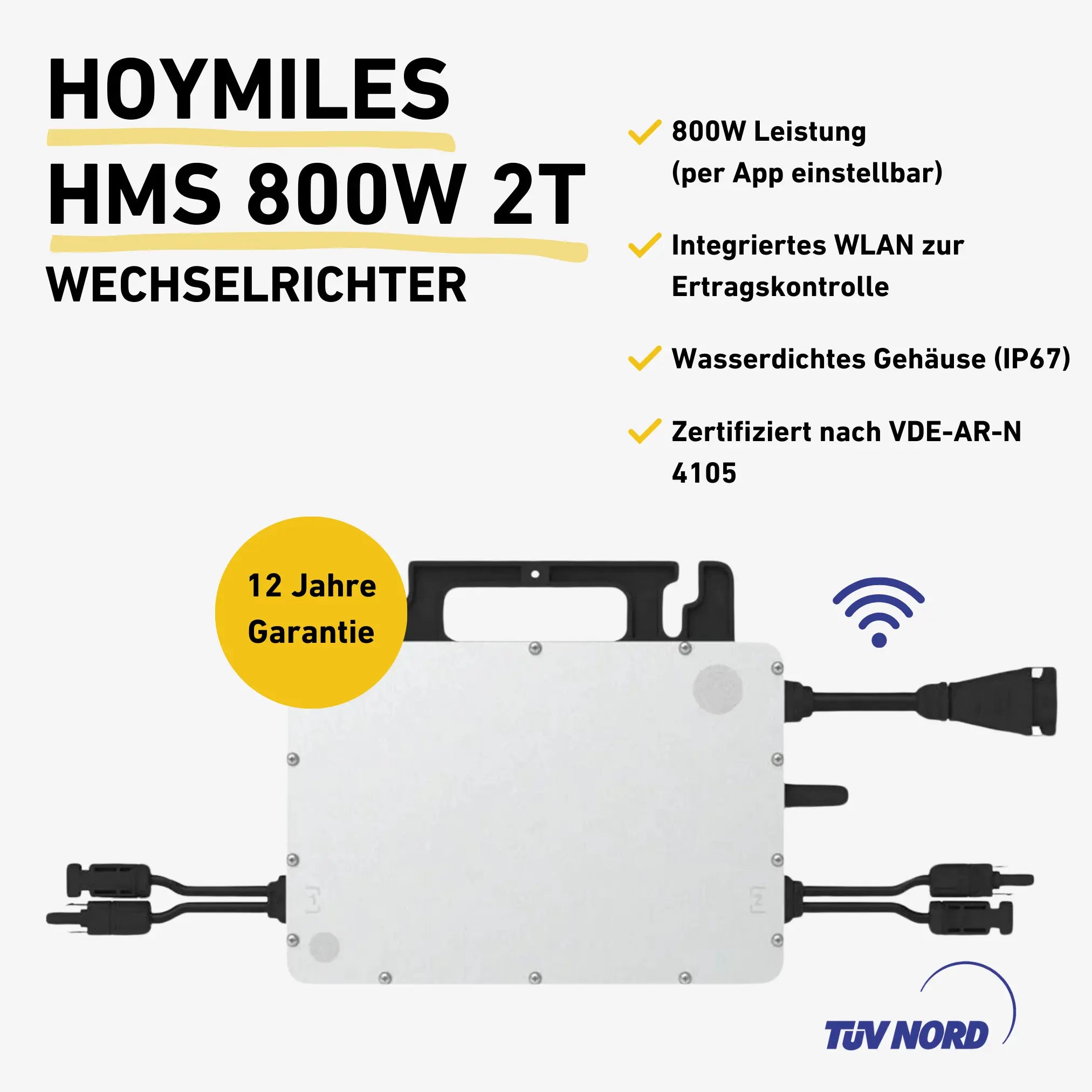 Hoymiles HMS 800W 2T Wechselrichter Produktbild mit Produkteigenschaften