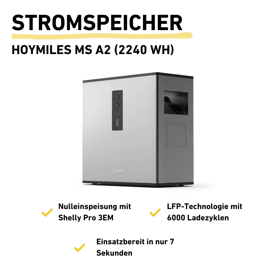 Hoymiles MS A2 Stromspeicher Produktbild mit drei Produkthighlights. Nulleinspeisung mit Shelly Pro 3EM, LFP-Technologie mit 6000 Ladezyklen, Einsatzbereit in nur 7 Sekunden