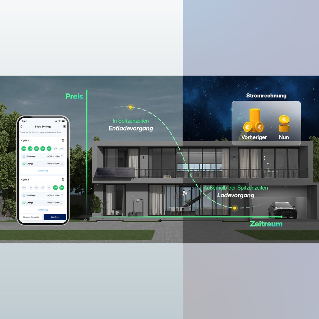 Infografik mit einem Haus tagsüber und nachts. Ein Diagramm zeigt, wie der Preis tagsüber hoch ist und nachts sinkt, um Energiekostendifferenzen darzustellen.