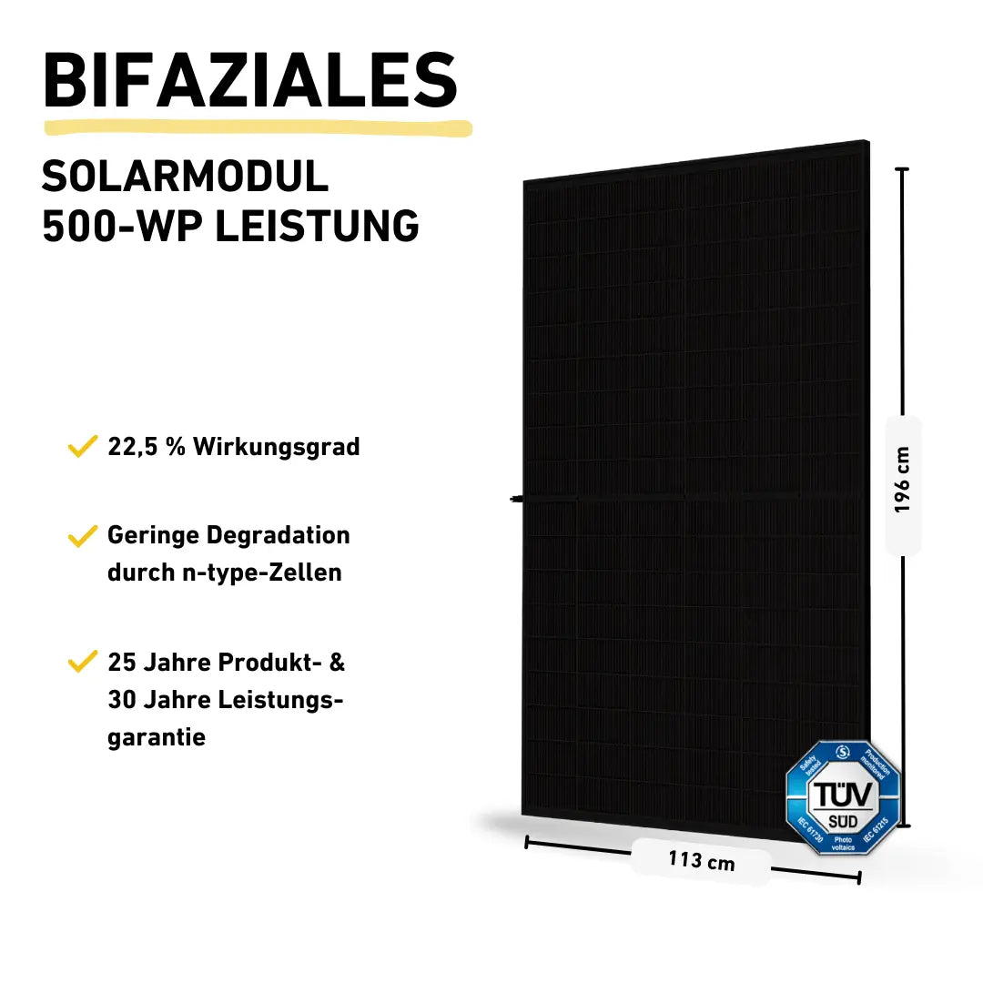 Bifaziales Solarmodul mit 500-WP-Leistung, schwarzes Design, Maße 196 cm x 113 cm, 22,5 % Wirkungsgrad, n-type-Zellen für geringe Degradation, TÜV SÜD-zertifiziert, 25 Jahre Produkt- und 30 Jahre Leistungsgarantie