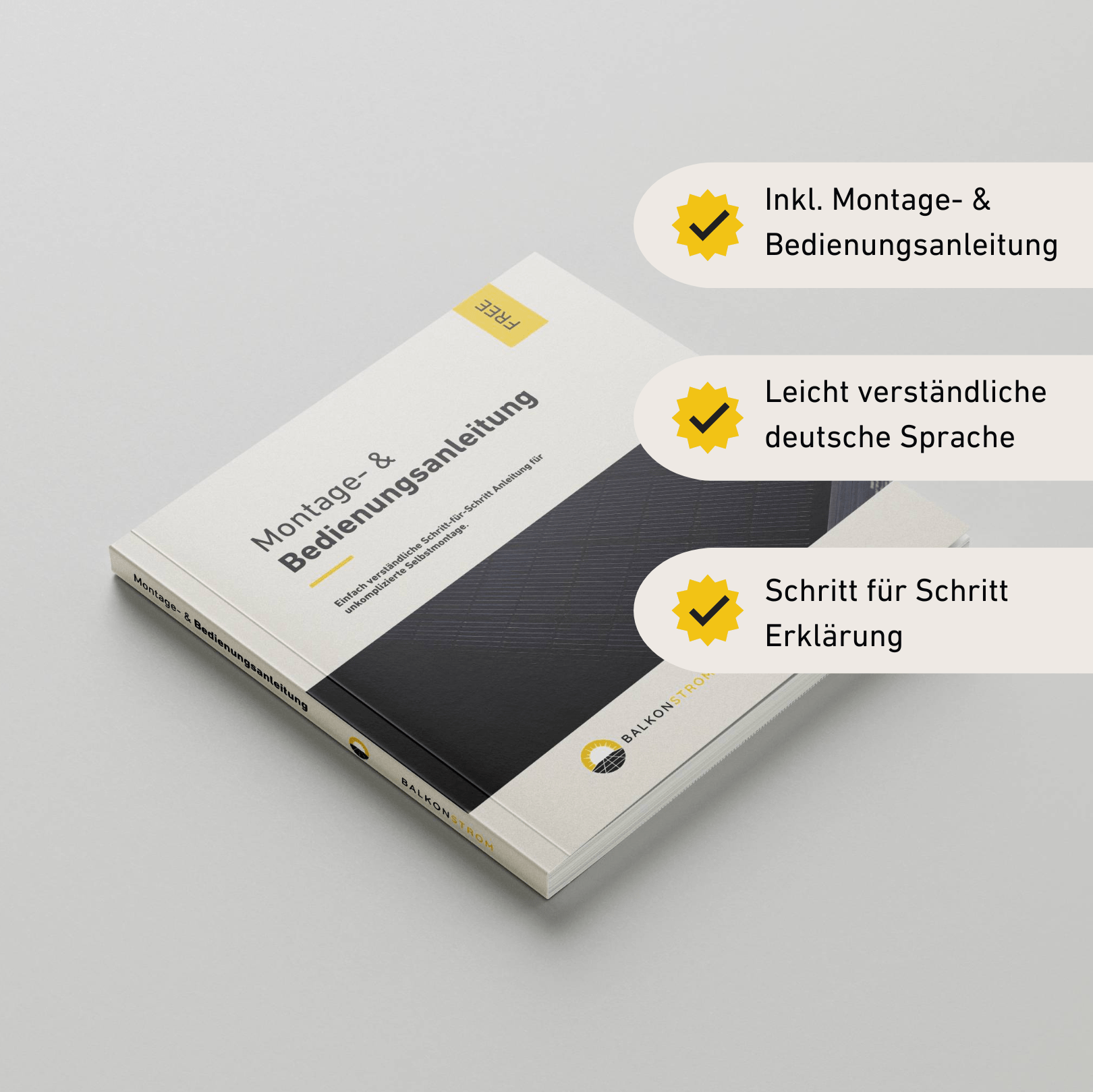 Balkonstrom Montage- und Bedienungsanleitung Buch auf weißem Hintergrund